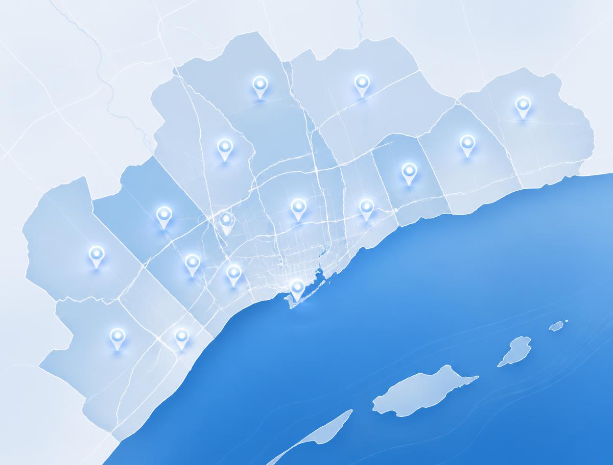 Stylized map of the Greater Toronto Area showing the regions Sky Enterprises serves